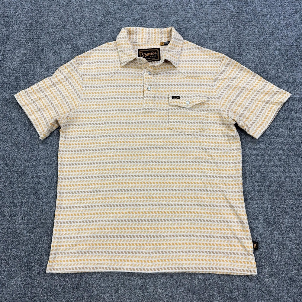 Howler Bros Polo Shirt Mens M Yellow Chevron 100% Cotton Pocket Knit Casual